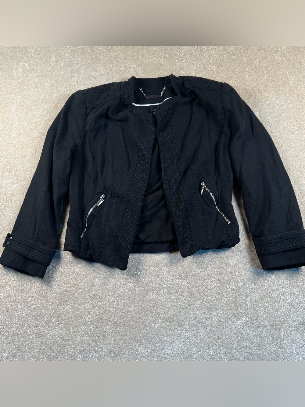 WHBM Cropped Jacket Open‎ Front Black Zipper Detail Linen Blend Women's 2